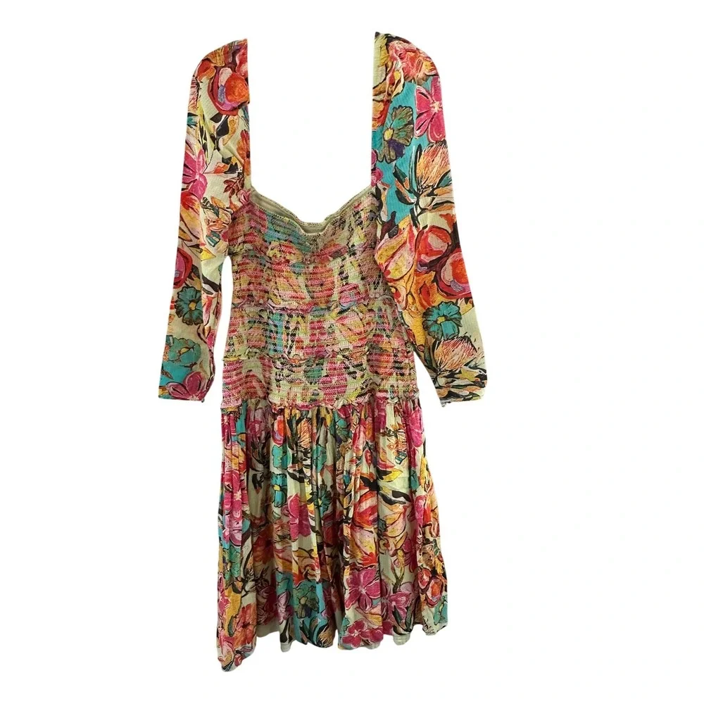 Hemant and Nandita Floral Smocked‎ Midi Dress XL Multicolor Cotton Long Sleeve